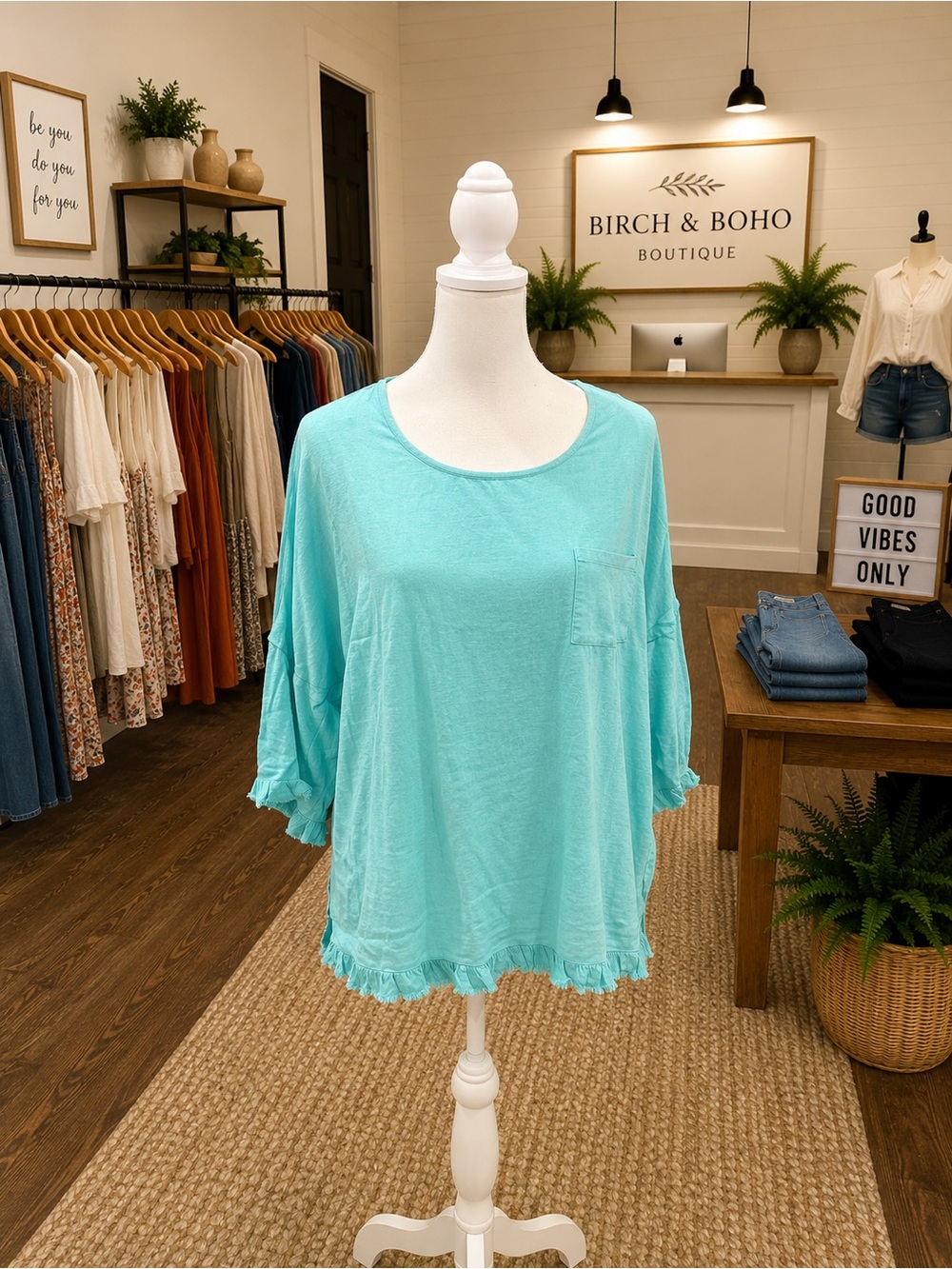 NWT Umgee Mint Green Linen Blend Ruffle Hem Top Oversized S M L